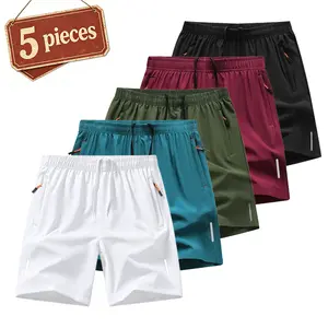 Men’s Quick Dry Athletic Shorts, 5-Pack – Elastic Waist, Zipper Pockets, Fitness/Running/Casual Bermuda Length
