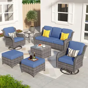 7 PCS Outdoor Wicker Patio Furniture Set, All-Weather Rattan Conversation 3 Seat Sofa & 2Swivel Chairs Set,2 Ottoman and Coffee Table Set for Backyard, Balcony and Deck with Soft Cushions and Glass Table