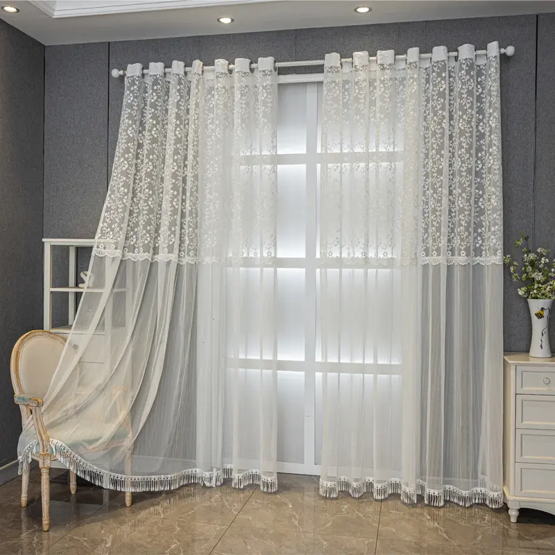 Modern French Embroidered Lace Curtain, Window Curtain, Patchwork Floral Fringe Bohemian Princess Style Drapes for Bedroom Balcony Living Room, Grommet Curtains