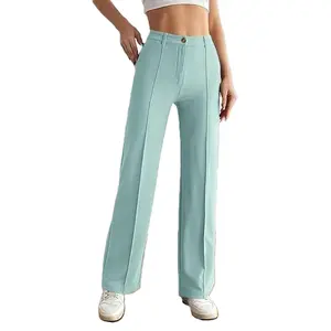 Women's Stretchy Cotton Knit Straight Leg Pants - Button-Front, Loose-Fitting, Minimalist Fabric Trousers for Teachers, Business Casual Work Wear, Machine Washable
