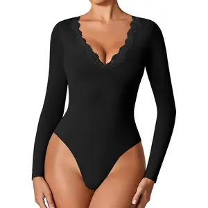 Bodysuits for Women Long Sleeve Lace V Neck Body Suits Double Lined One Piece Leotard Shirt Going Out Tops