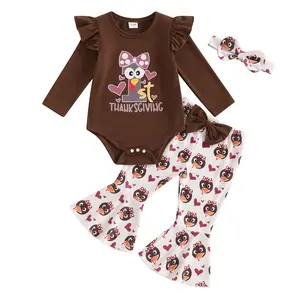 My First Thanksgiving Baby Girl Outfit Newborn Turkey Long Sleeve Sweatshirt Romper Elastic Bell Bottom Flared Pants with Headband