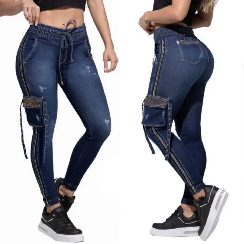 Women's Denim Cargo Jogger Pants, W80-794 Rhinestone-Embellished Women's Bottoms