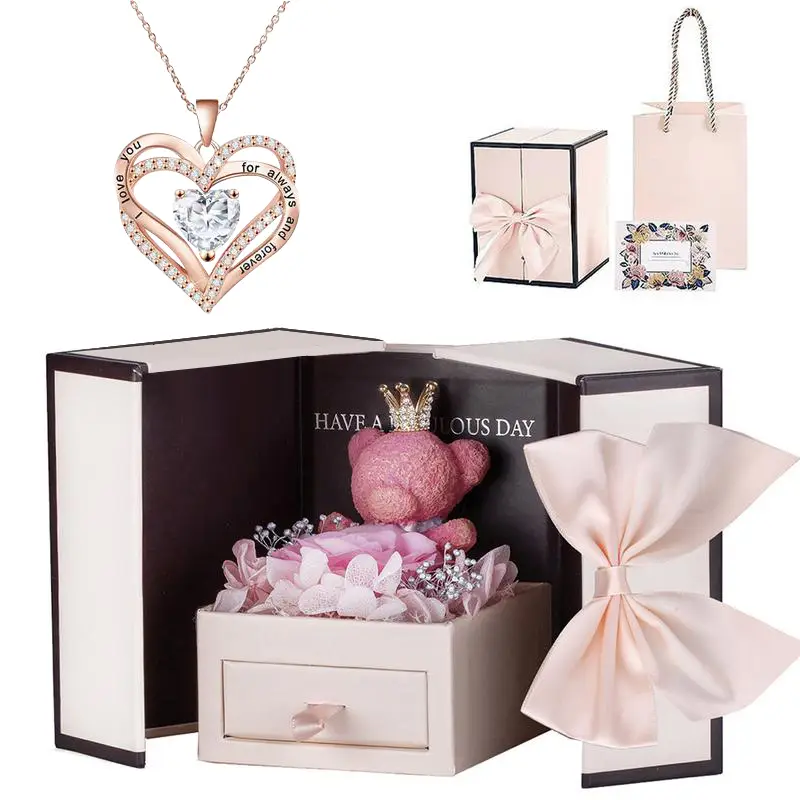 A heart-shaped zircon and rose giftbox, the best gift for a wife, daughter,mother, grandmother, girlfriend onVlentine's Day, Mother's Day teddy bear g