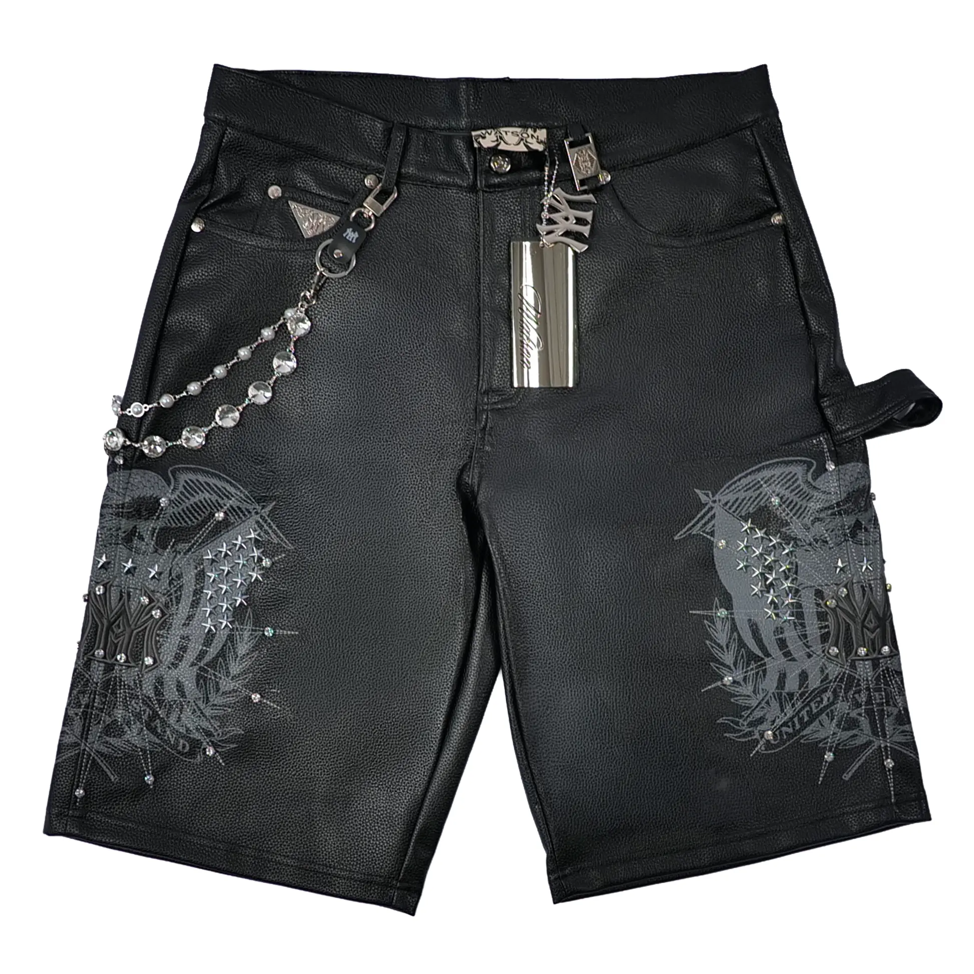 Men's WATSON Streetwear Clothing, United We Stand Black Leather Shorts