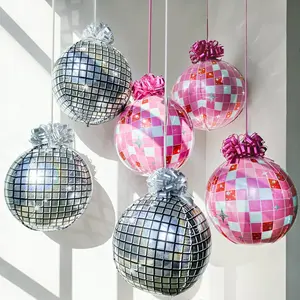 6 Pack 4D Disco Ball Ornament Balloons with 12 Pull Ribbon  Bows - Y2K Ceiling  Balloon Set for Prom, Disco Party, Cowgirl Retro Party & Bachelorette Decorations