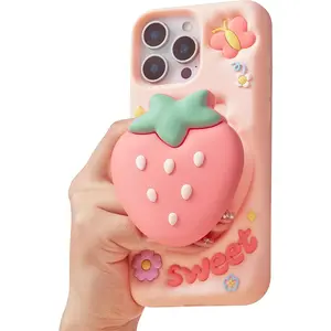 Cute 3D Strawberry Pop-Up Stand and Grip Phone Case for iPhone 11 Pro, Kawaii Girly Silicone Fruit Cover for Girls and Women, Pink