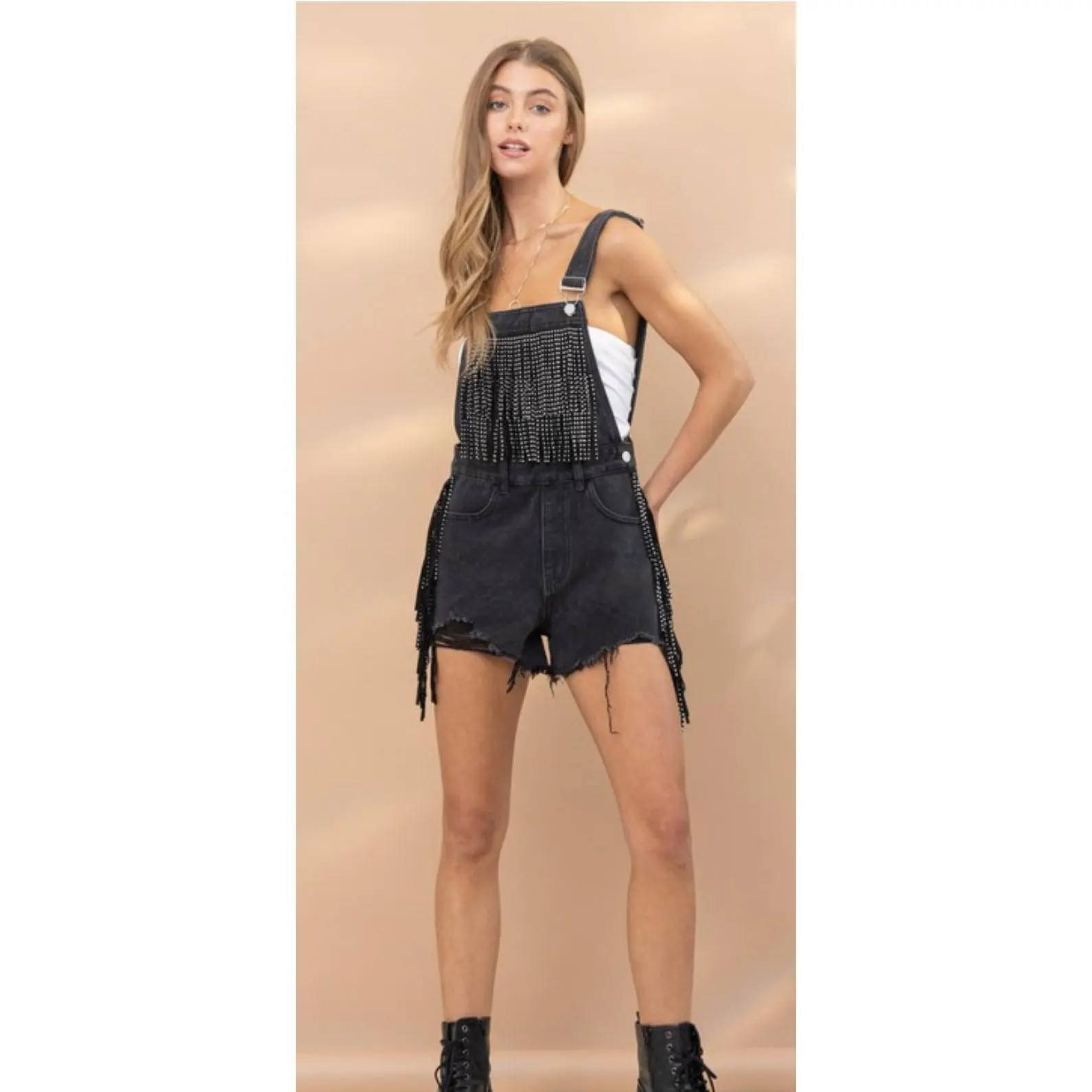 Blue B Black Fringe Studded Denim Overalls