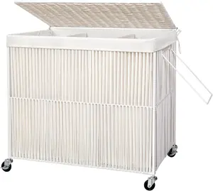 Laundry Hamper with Wheels, 160L Handwoven Rolling Laundry Basket 3 Section with Lid, Clothes Hamper with 3 Removable Liner Bags, Large Laundry Sorter Laundry Room Organization, Creamy White