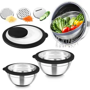 Mixing Bowls with Colander Set, Stainless Steel Strainer and Nesting Salad Bowls, with  & 3 Graters, Non-Slip Bottom & Visible Lid, Rotatable & Dishwasher Safe, 4.6/3/1.5 QT, Black