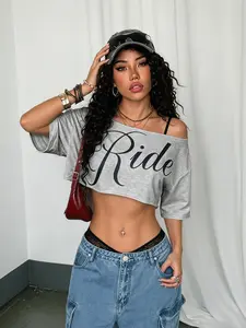 Women's Statement "Ride" Print Off Shoulder Cropped T-Shirt 2026 Slim Fit Casual Streetwear Summer Daily Trendy Going Out Stylish Viral TikTok Fashion Essential