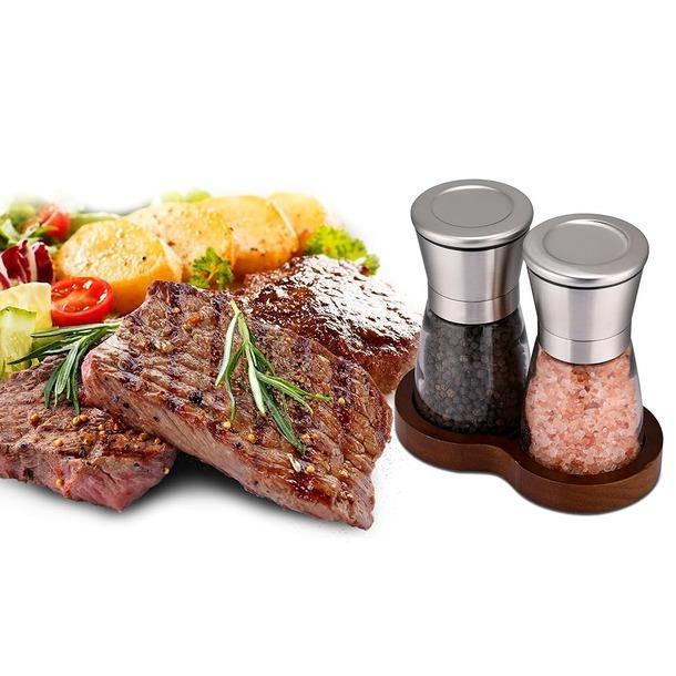 Salt and Pepper Grinder Set with Wooden Standing Tray, Refillable Pepper Mill Set - Brushed Stainless Steel - Short Glass Shakers with Adjustable Coarseness for Peppercorn, Salt or Spice Mills
