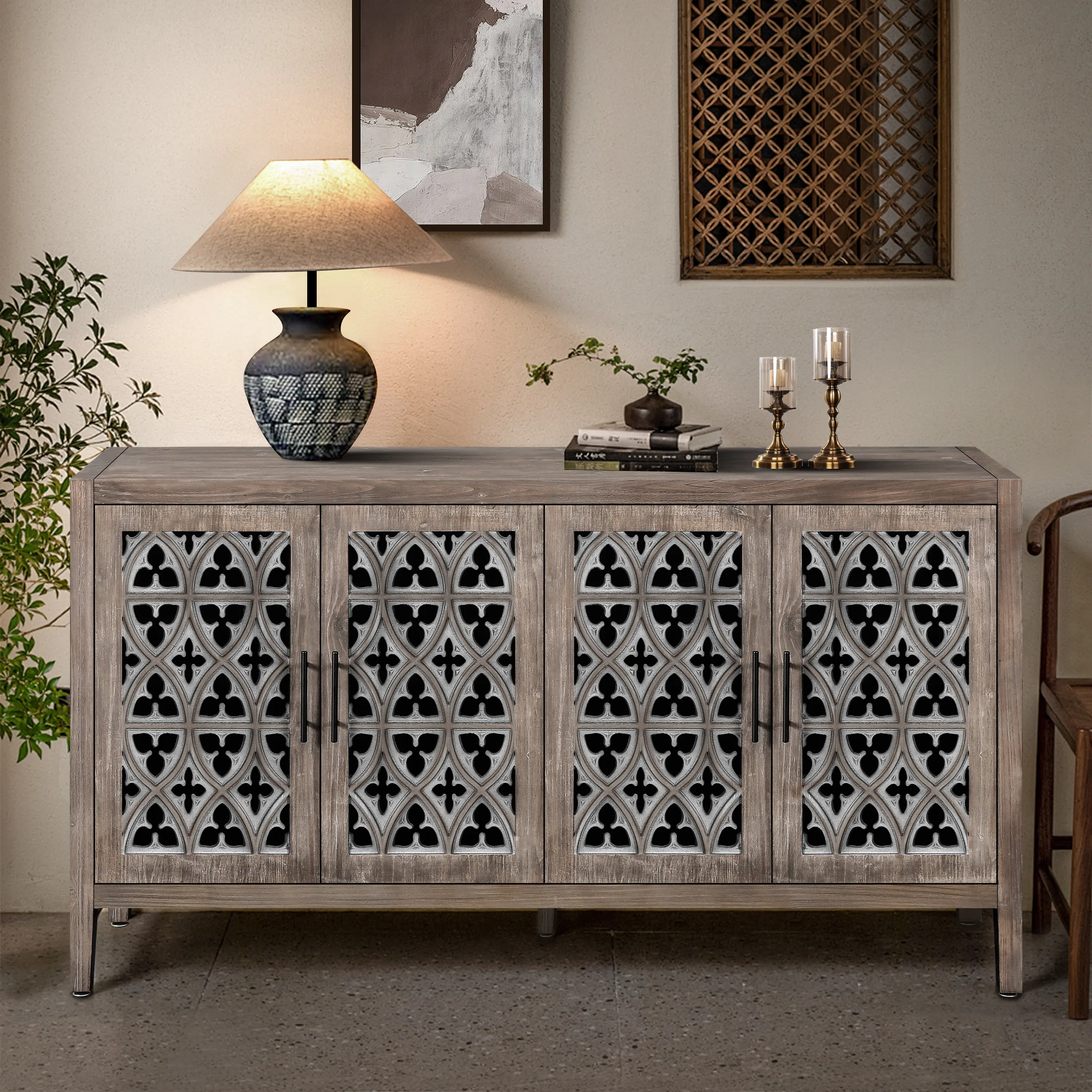 Blovely Well Hollow Four Door Antique Cabinet, American Country Style, Suitable for Living Room, TV Cabinet, Kitchen (Brown)