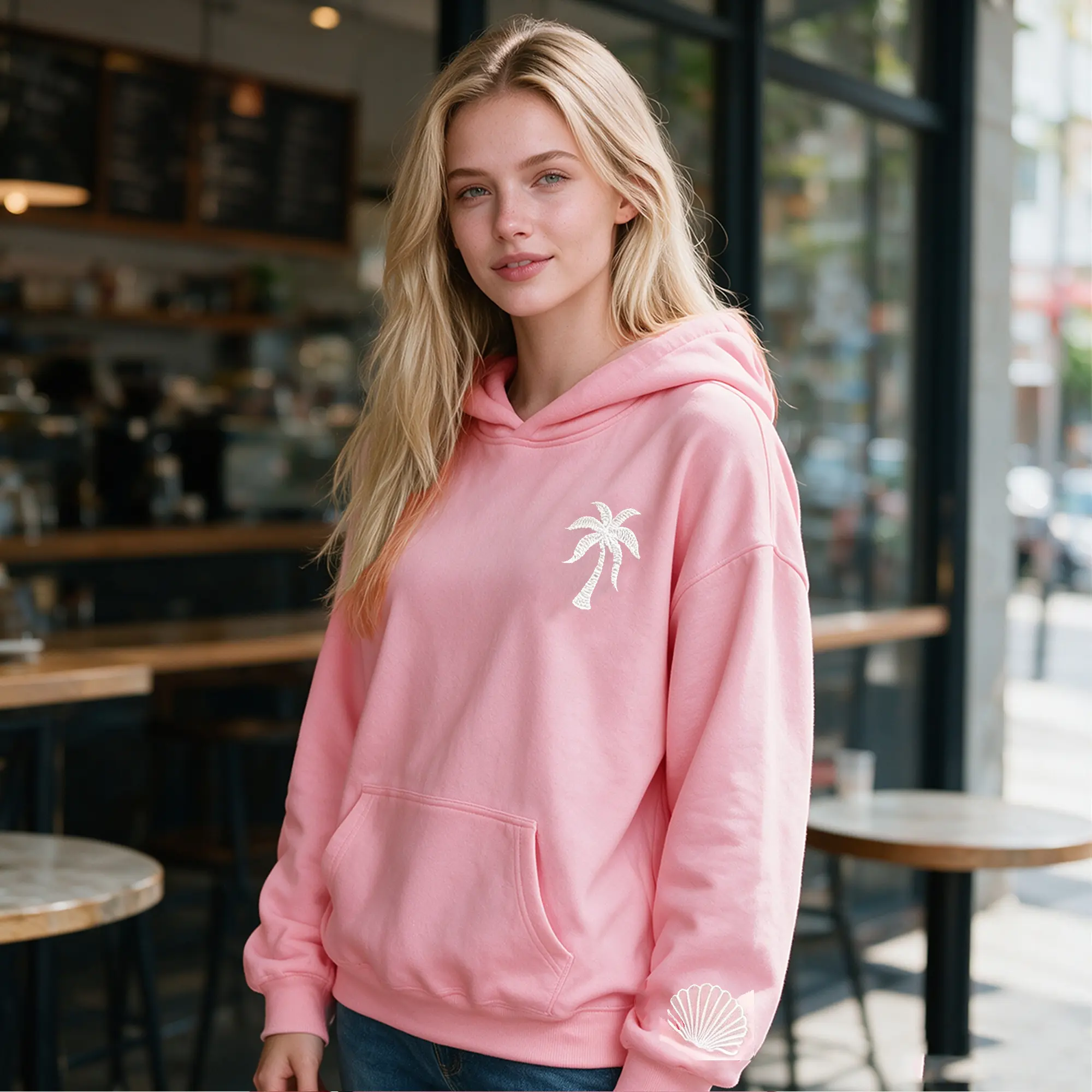 Women‘s Casual Oversized Pink Hoodie Tropical Palm & Shell Print Long Sleeve Pullover Daily Streetwear Sweatshirt