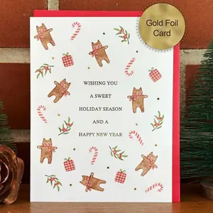 Gingerbread Cats Christmas Card, Handmade gold foiled holiday cards