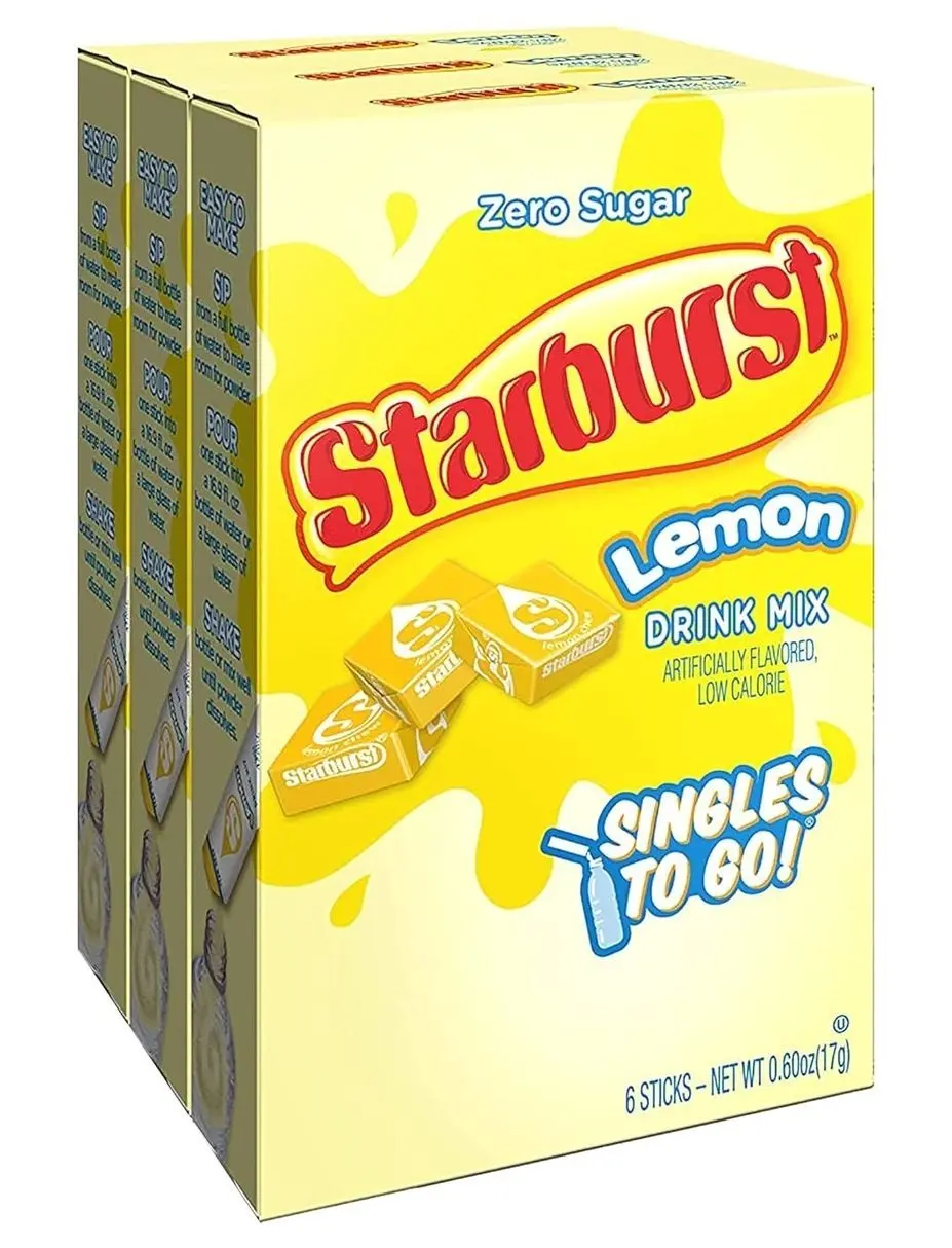 Starburst Singles To Go Powdered Drink Mix, Lemon, 3 Boxes with 6 Packets Each - 18 Total Servings, Sugar-Free Drink Powder, Just Add Water, 6 count (Pack of 3)