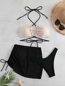 Three-Piece Set Women's Criss Cross Tie Back Bikini for Summer 2024 Swimsuit, Halter Neck Ruched Bra & High Cut Panty & Drawstring Skirt Set, Women's Swimwear For Summer Beach Holiday