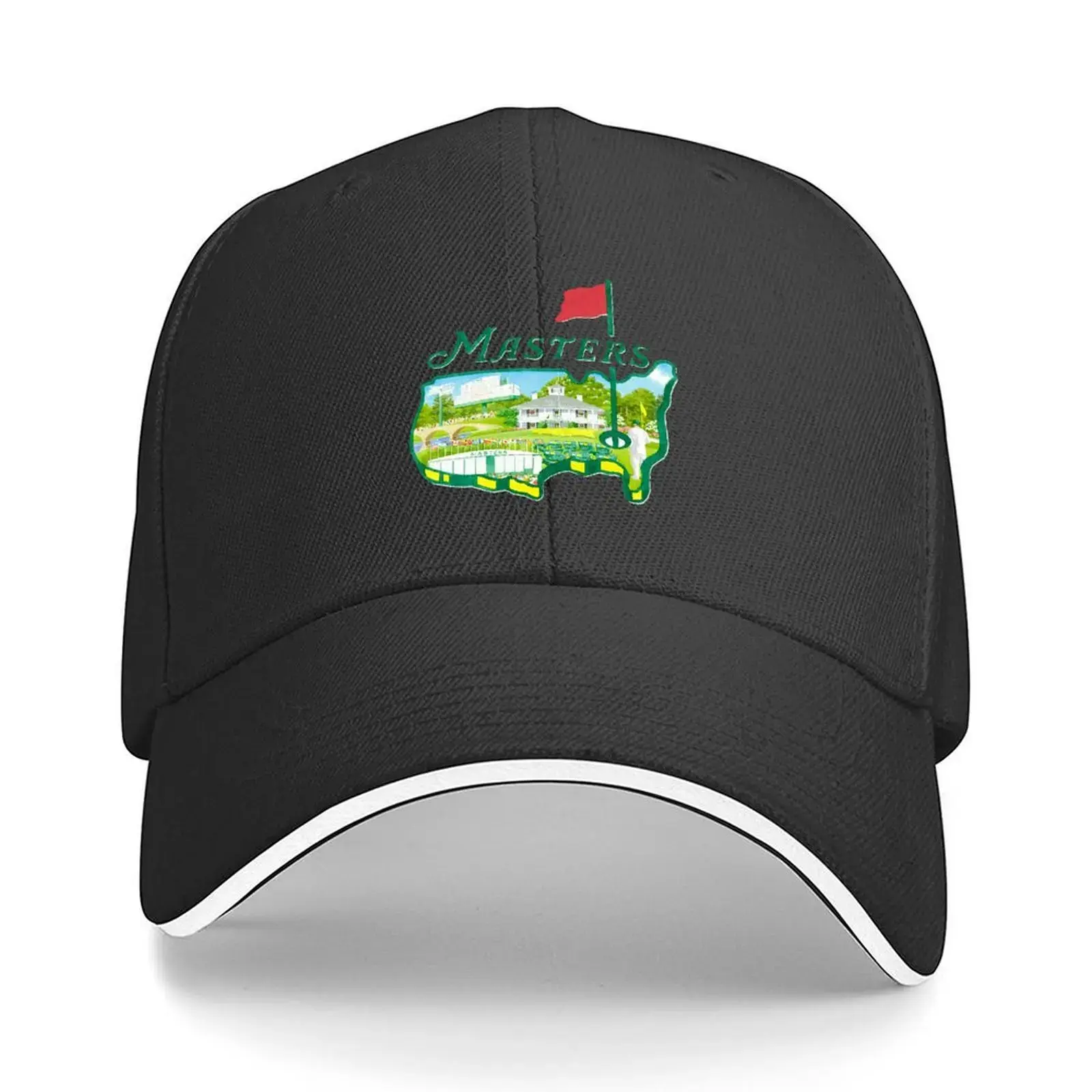[Adjustable Golf Cap] 100%25 Polyester Adjustable Golf Tournament Baseball Cap |   Black with Vibrant Green Masters Logo & Golf Course Design |   Sporty Casual Hat for Golf Enthusiasts, Sun Protection & Style