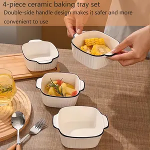 4 Pack Small Square Ceramic Baking Dishes with Handles, Oven Microwave & Dishwasher Safe, Individual Bakeware for Cooking