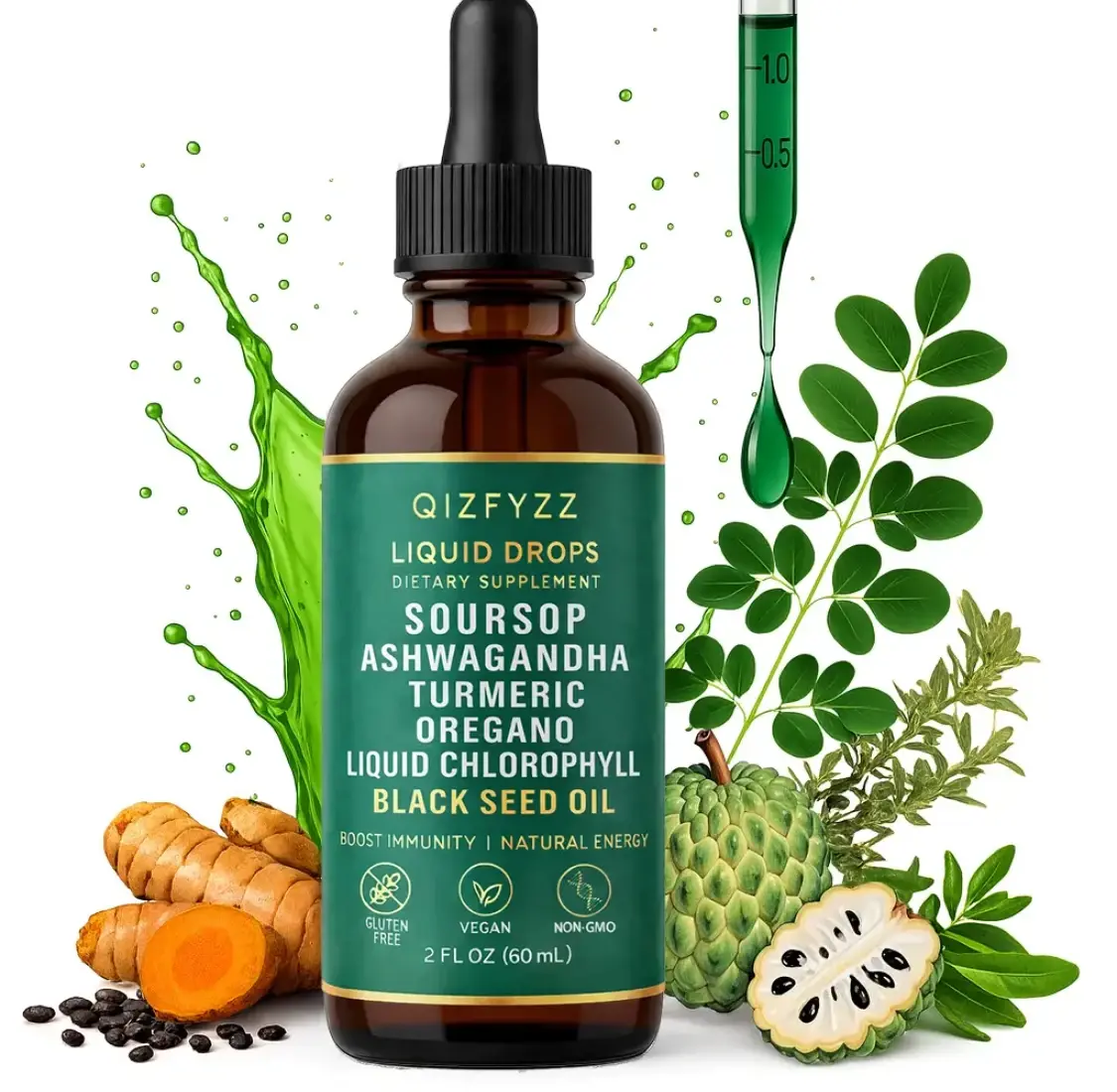 Qizfyzz Soursop Bitters Liquid Drops 10-in-1 with Nori Moringa Turmeric Black Seed Oil Oregano Ashwagandha Herbal Extracts for Overall Health Vegan Non-GMO 2 fl oz,summerwins,travel essentials