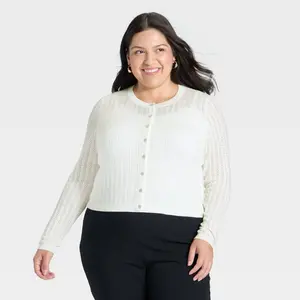 Women's Pointelle Cardigan Sweater - A New Day Cream XXL