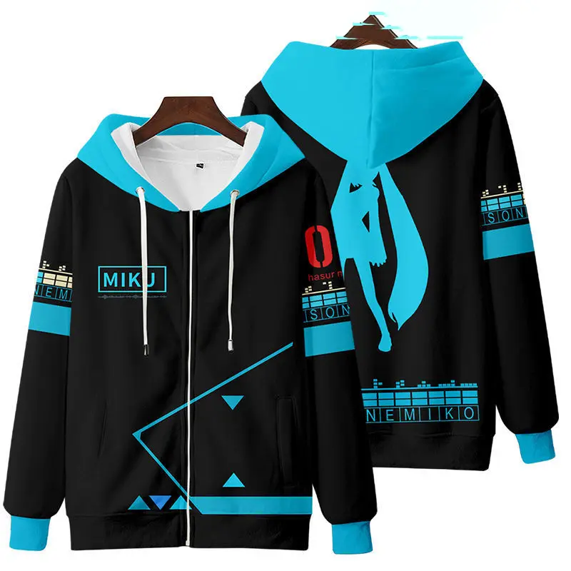 Men's and Women's  Autumn Hoodie Hatsune Miku Zip‑Up Graphic Hoodie, Unisex Long Sleeve Full‑Zip Hooded Sweatshirt Anime Streetwear Casual Outerwear