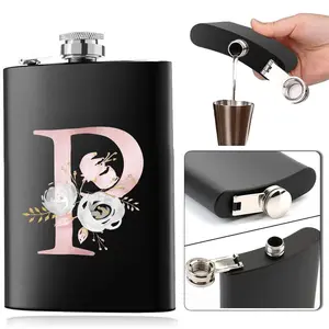 Flower & Initial Name Pattern Hip Flask, Drinkware, 1 Count 8oz Stainless Steel Wine Bottle with Lid, Leakproof Portable Whiskey Vodka Alcohol Container for Home Camping Travel