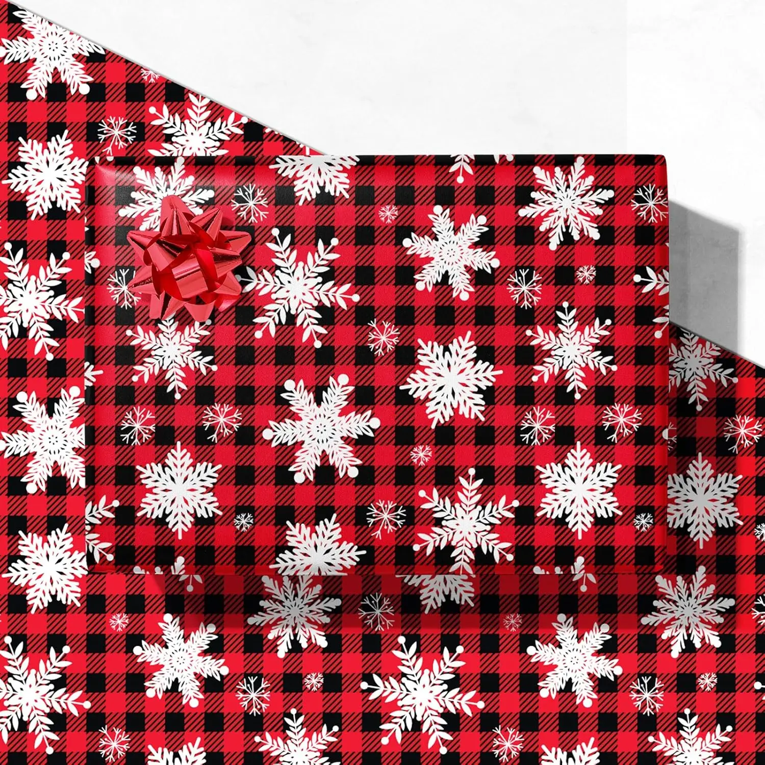 Christmas Wrapping Paper for Men Women Kids - Xmas Gift Wrap with Snowflakes on Red & Black Buffalo Plaid - 4 Jumbo Sheets, 28″×40″ Each, Easy to Store