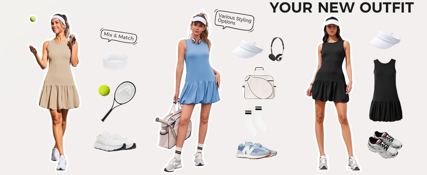 Fisoew Womens Athletic Dresses with Shorts & Pockets Backless Tennis Golf Mini Dress Bubble Hem Workout Active Outfits