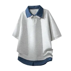Men’s Summer New Polo Shirt/T-Shirt – Faux Two-Piece Design, Plaid Patchwork, Loose Casual Fit, Blue Checkered Contrast Color, Turn-Down Collar, Short Sleeve — Trendy Bad Boy Style, Unique Top