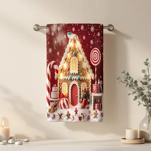 1Pc Christmas Style Gingerbread House with Candies and Decor Bathroom Hand Towel Bath Towel, Multiple Size Microfiber Towel, Ultra-Soft Quick Dry and Absorbent Polyester Large Bath Towel, Kitchen Towels, Festival Ba