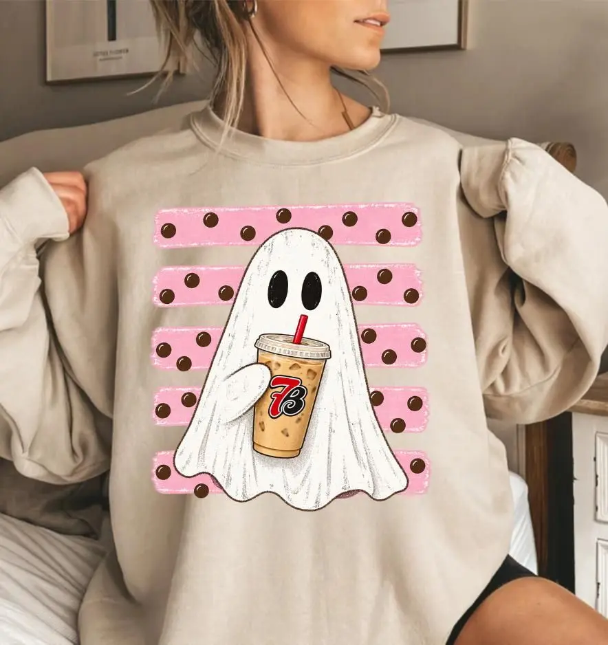 (Youth & Adult) 7 Brew Ghost Sweatshirt, Cute Halloween Coffee Ghost Graphic, Spooky Season Iced Coffee Crewneck, Trendy Fall Pullover, Apparel Made In The USA , By The Mug Club