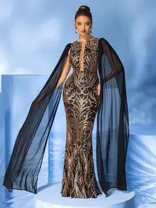 Women's Round Neck Mesh Patchwork Cape Sleeve Formal Evening Gown, Gold Sequins Vintage Pattern Slim Fit Mermaid Long Party Dress