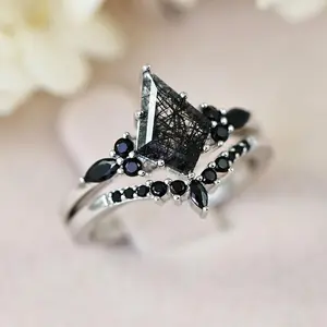 Janefashions Kite Black Rutilated Quartz Engagement Wedding Band Bridal Ring Set Sterling Silver S1416