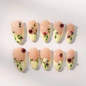 3D Garden Press On Nails: Hand Painted Bees, Ladybugs & Strawberries - Ladybug Garden Press On Nails