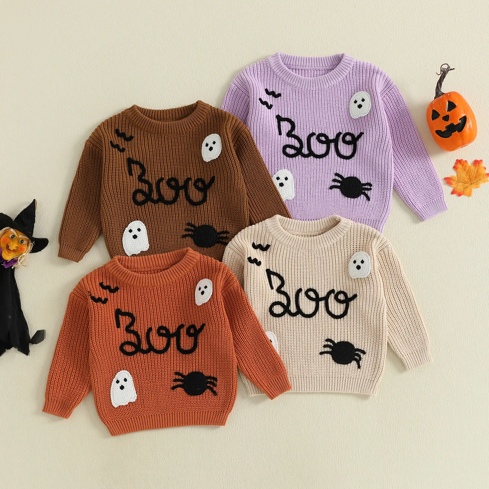 Toddler Baby Girl Boy Halloween Long Sleeves Sweater Casual Letter Ghost Spider Embroidery Pullover Knitwear 0-5 Years