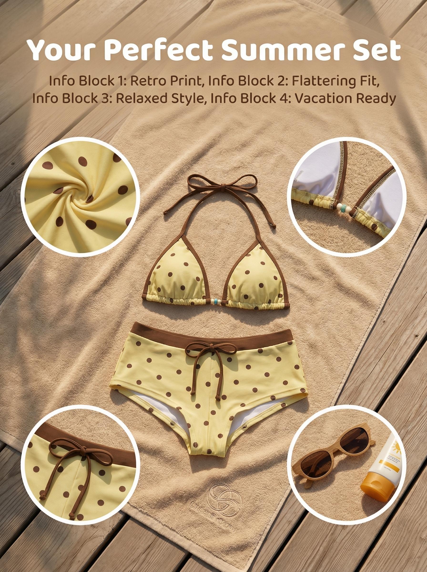 Women's Swimsuit bikini,retro yellow polkat Print vintage colour block swimsuit pants summer sets for/Going Out Outfits/Birthday