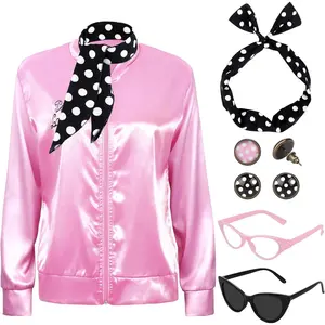 1950s Pink Satin Jacket with Neck Scarf Headband Earrings Cat Eye Glasses Halloween Cosplay Costume Set for Women Girl