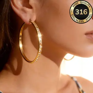 Round stainless steel diamond-encrusted earrings, a fashionable and light luxury accessory for women with large circular stud earrings