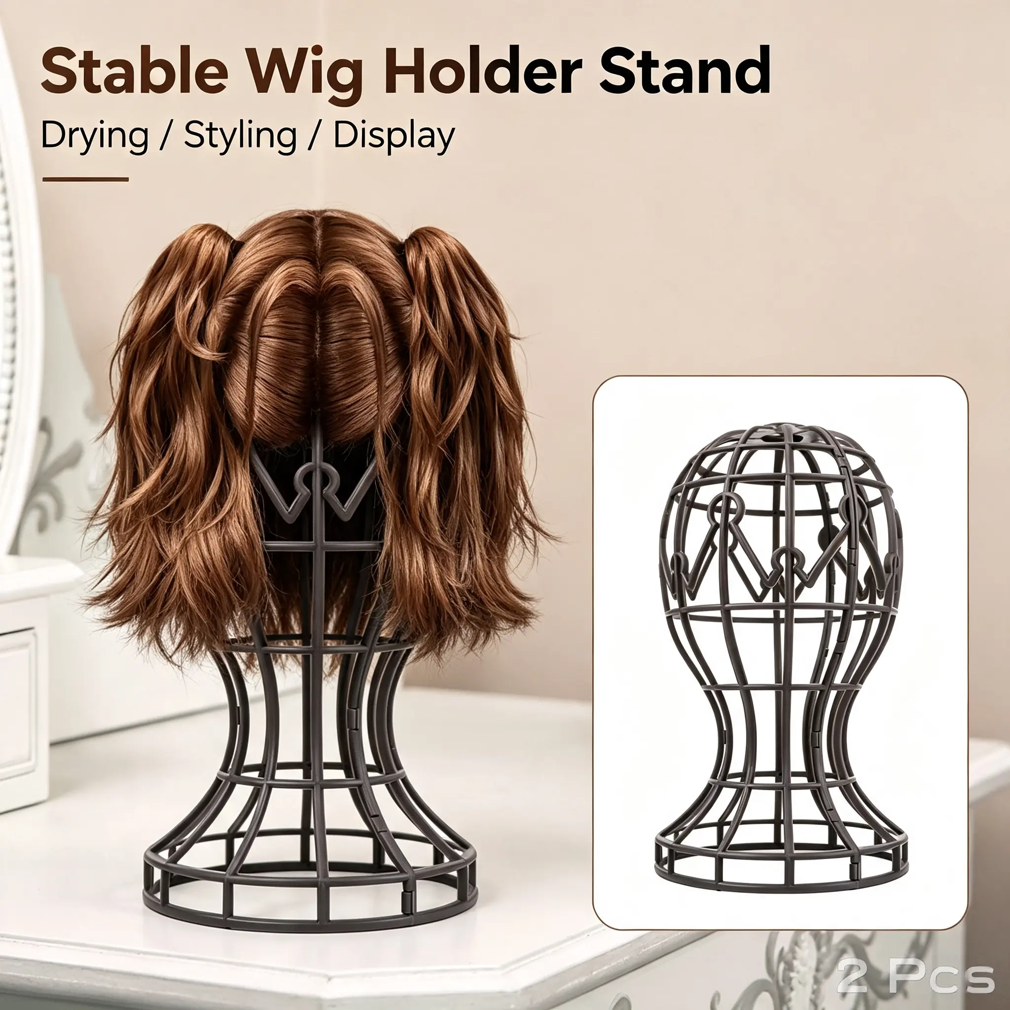 2 Pcs Wig Holder Stand, Stable Freestanding Wig Head Stand for Wig Drying, Styling, Display, and Home Salon Use