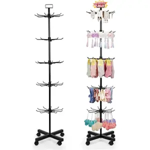 Retail Display Stand Store Display Rack 5 Tier Metal Spinning Display Stand Rack with Wheels   Stocking Hat Display Stand with Hooks for Malls, Showroom, Retail Store (Black)