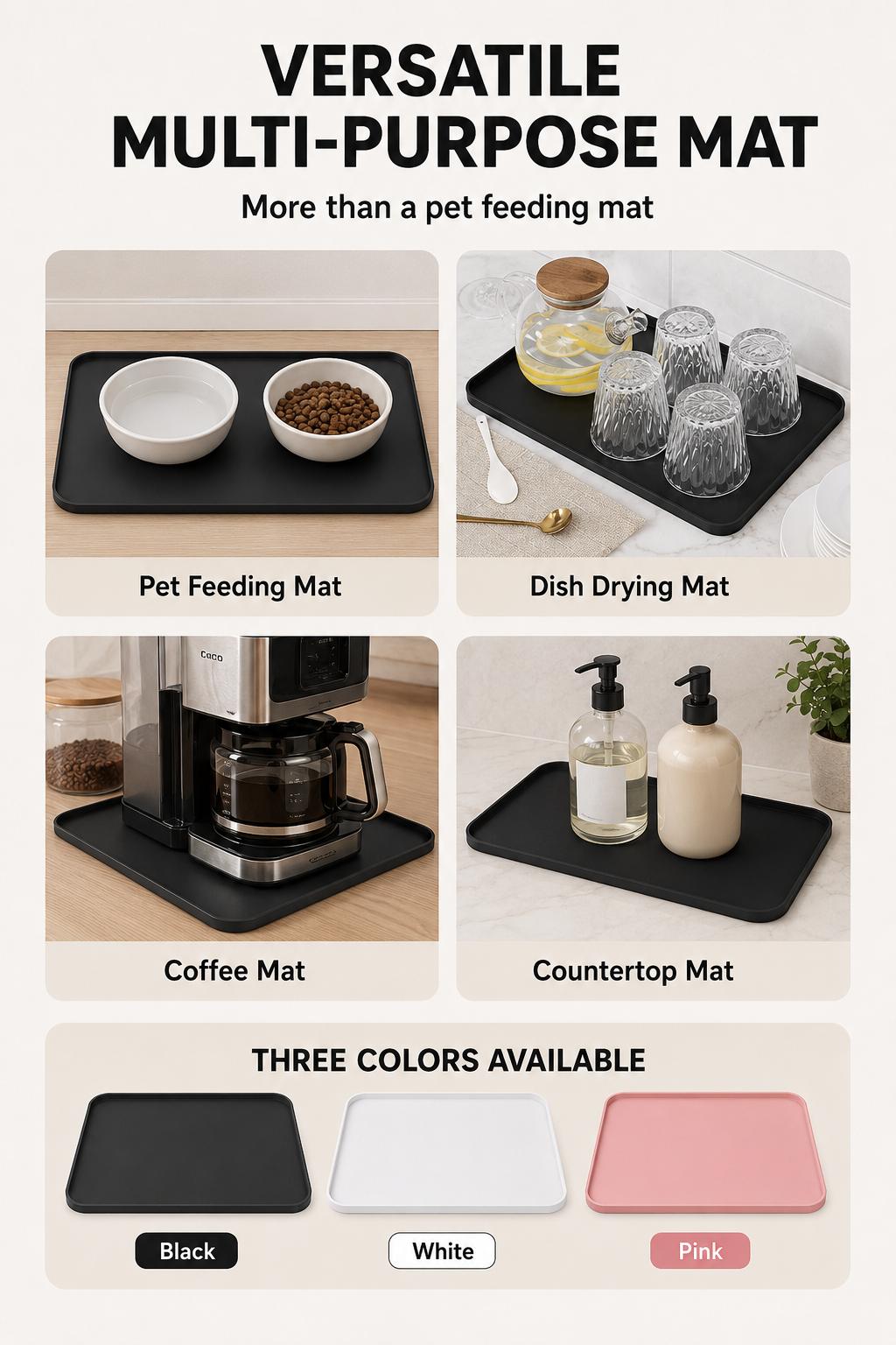 Silicone Pet Feeding Mat for Dogs and Cats 13 x 9 Inch Waterproof Raised Edge Food and Water Bowl Tray Black