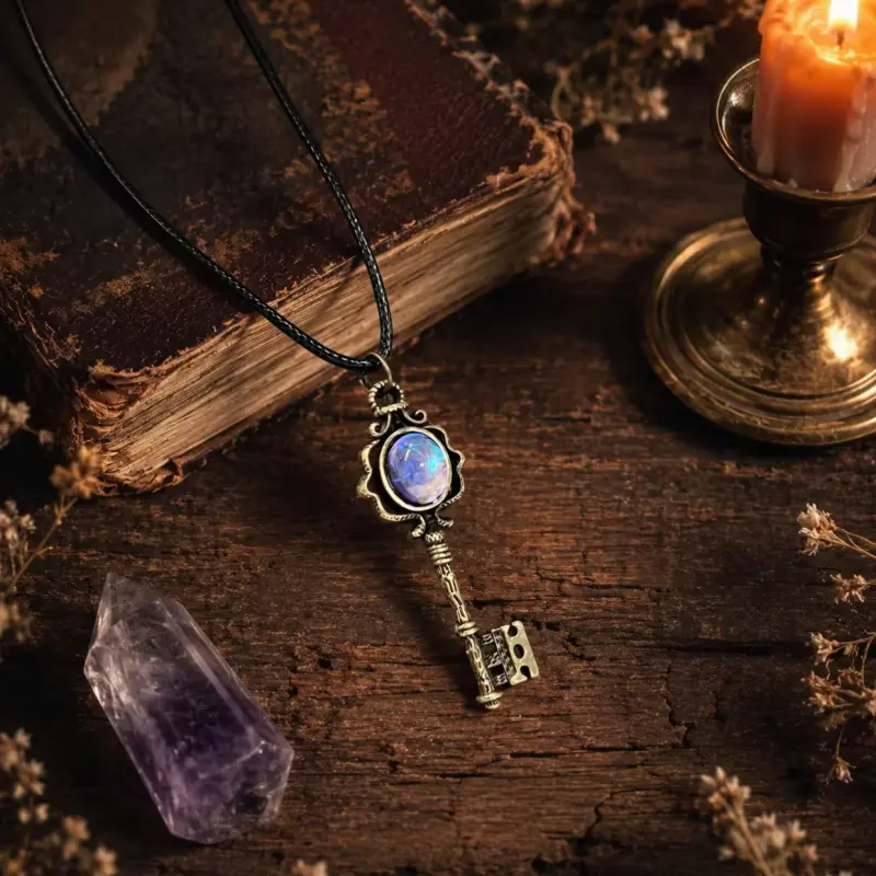 Key-Shaped Witch Fluorite Necklace - Gothic Antiqued Alloy Pendant, Vintage Emo Alt Style, Emo Stuff Accessories, Unisex 45cm+5cm Adjustable Chain, Anniversary Gifts, Meaningful Everyday Gifts, Meaningful Gifts