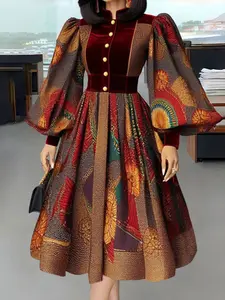 Women's Elegant Patchwork Long Dress, New Floral Design, Slim-Fitting Party Gown, High-End Style, All Seasons Wear