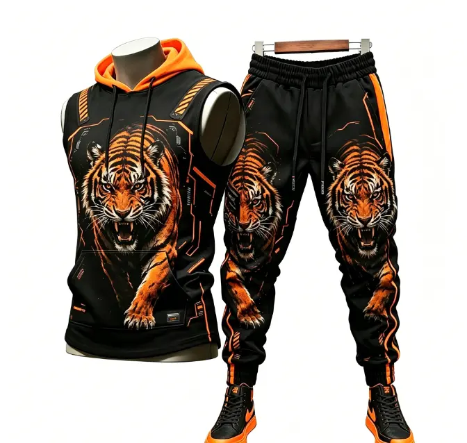 [New] Men's Sleeveless Hooded Sports Suit: Trendy Street Tiger Print Trendy. Jogging Pants with Orange Drawstring Waist. Adult Men's Casual Sports Dress - Ideal Holiday Gift.  wear fitness outfit