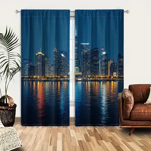 2pcs Window Curtains, Room Decor Curtain, Night city skyline with skyscrapers (one with spire), lights reflect on calm water creating urban scene, Drapes for Bedroom Living Room, Rod Pocket