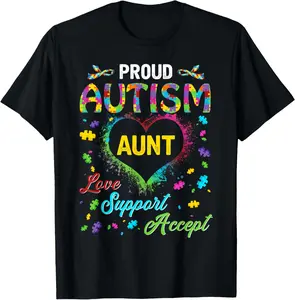 Proud Autism Aunt Love Support Accept Help Awareness Summer Casual Shortsleeve Cotton T-Shirt
