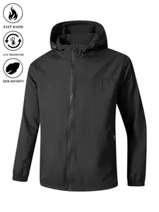 Men’s solid-color windproof hooded jacket with drawstring and zipper; casual long-sleeve jacket with zippered pockets; four-season men’s outerwear; casual-style jacket; men’s mountaineering sports jacket