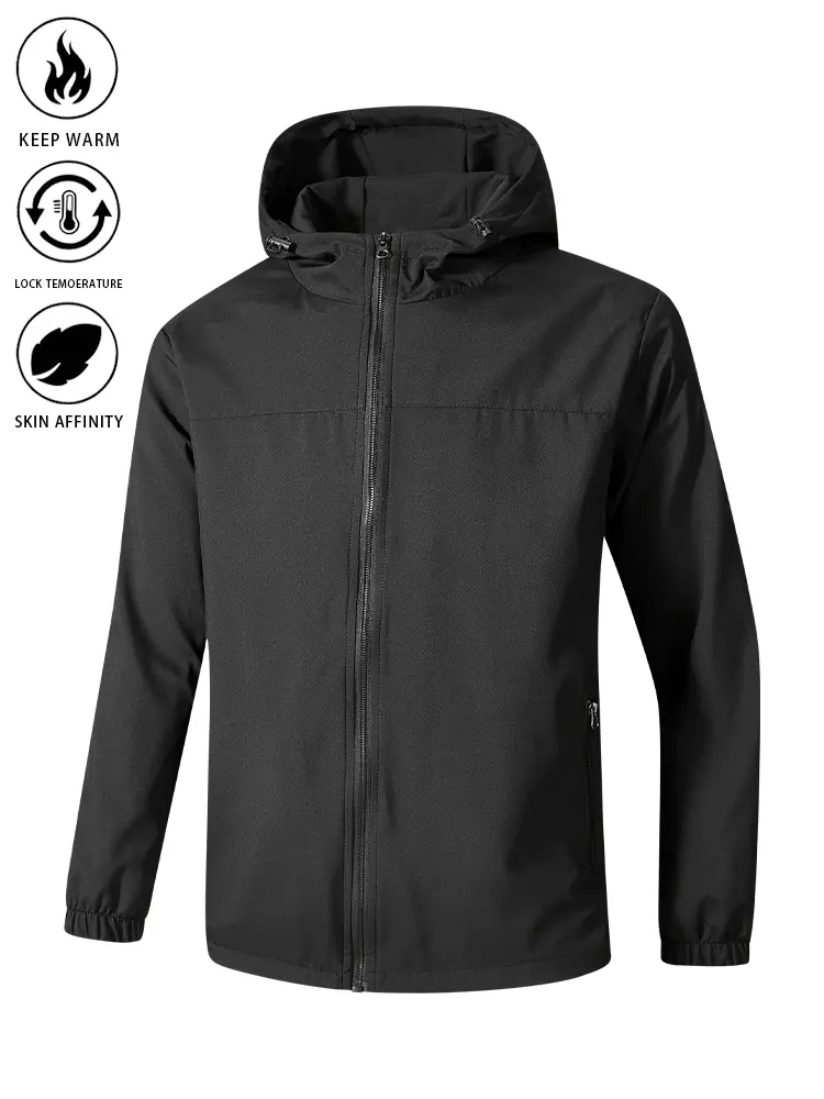 Men’s solid-color windproof hooded jacket with drawstring and zipper; casual long-sleeve jacket with zippered pockets; four-season men’s outerwear; casual-style jacket; men’s mountaineering sports jacket