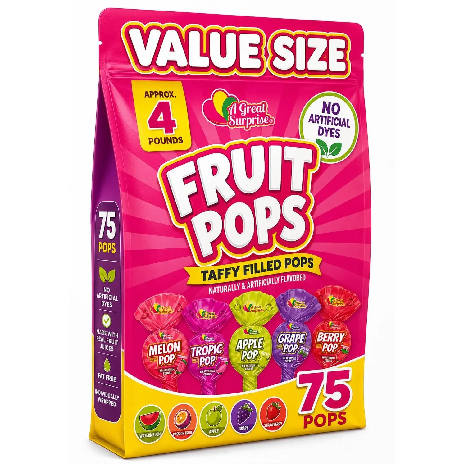 Taffy Filled Lollipops, 75 Count, No Artificial Dyes
